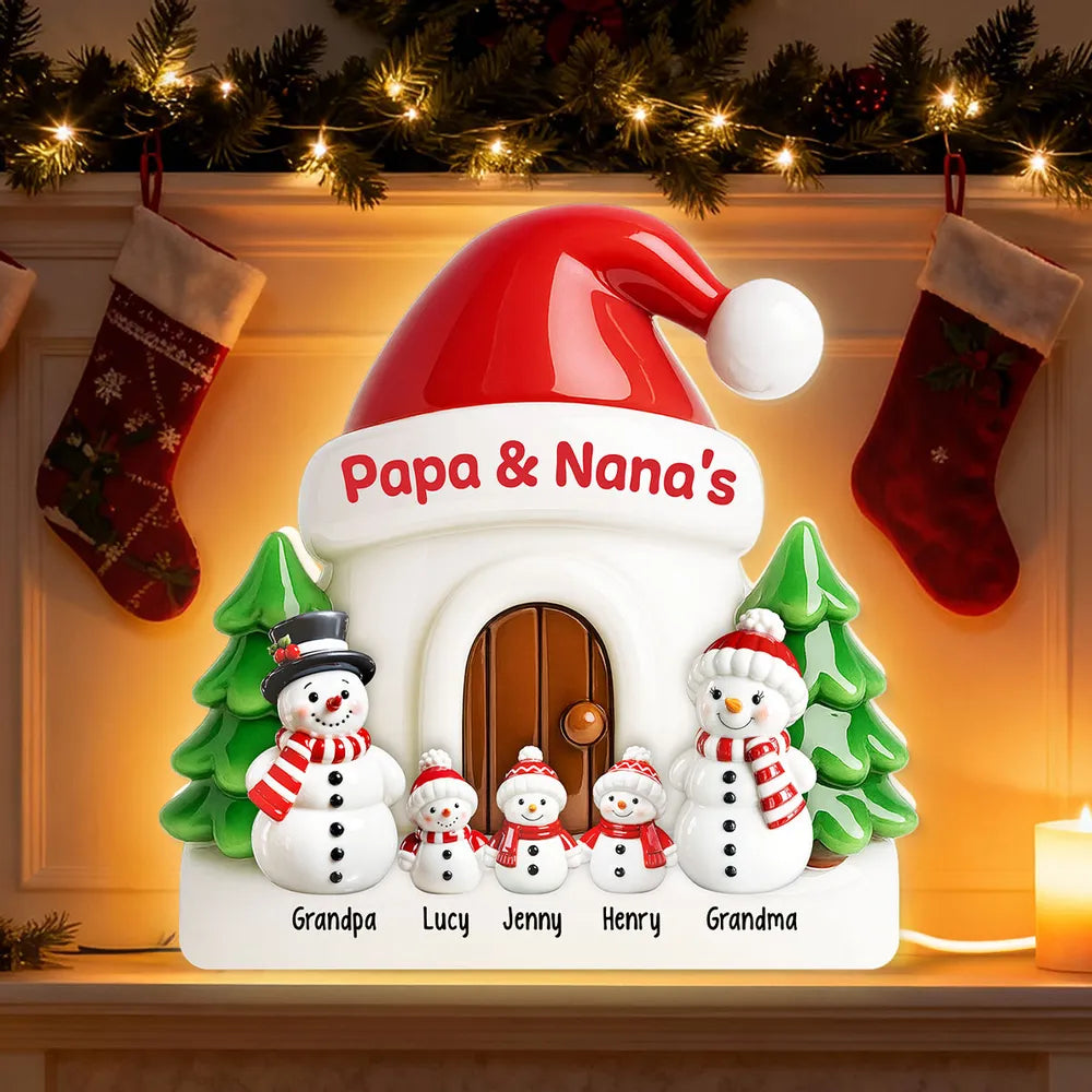 Personalized Acrylic Light Box with Snowman Family House, Soft Warm Glow Christmas Gift for Grandparents, Unique Keepsake Décor