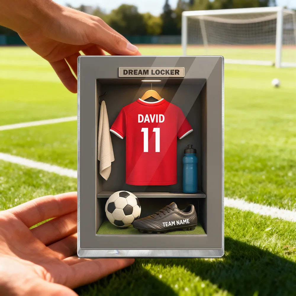 Rectangle Acrylic Block Plaque Personalized Dream Locker Soccer Jersey Scene, Sentimental Display Gift for Soccer Lovers and Families