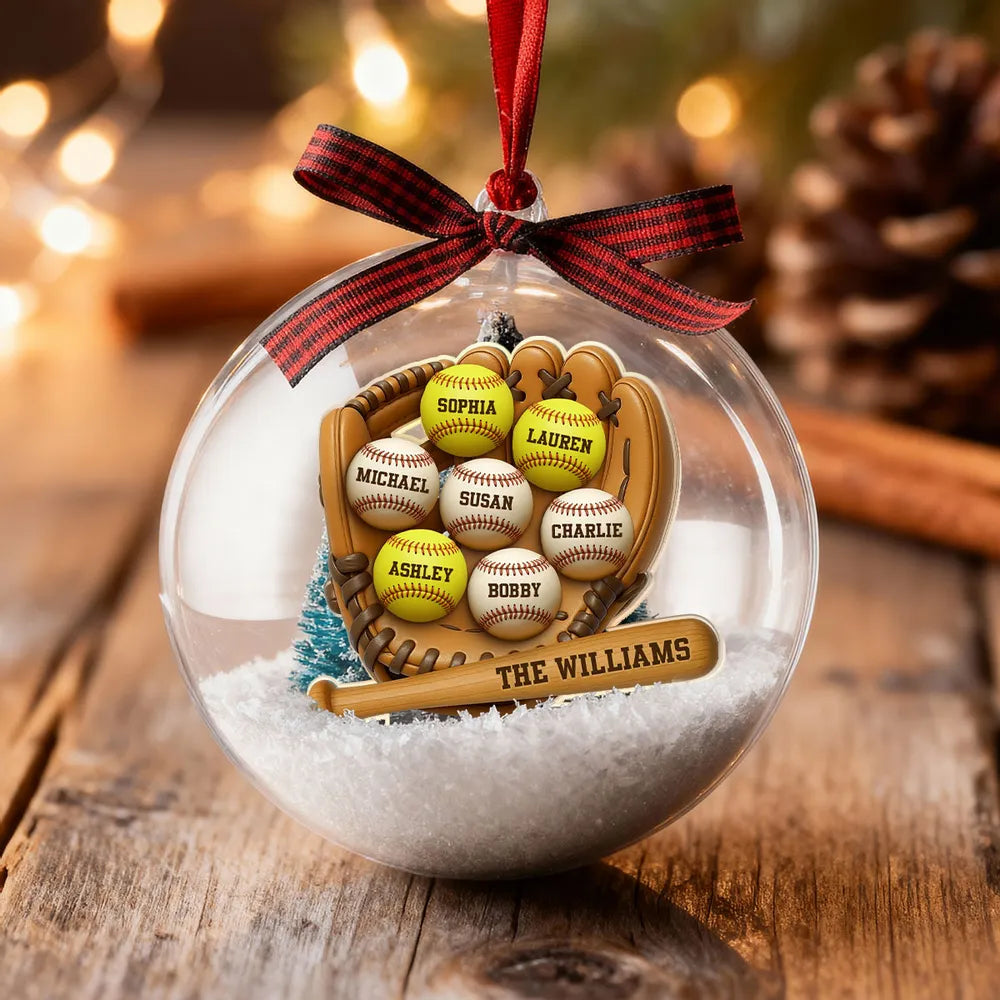 Snow Globe Ornament with Baseball Glove & Softball, Custom Family Keepsake for the Tree, Unique Holiday Gift for Sports Fans