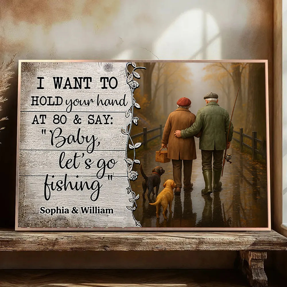 Personalized Couple Fishing Poster with Dogs – Romantic Wall Art for Living Room, Unique Gift for Him or Her