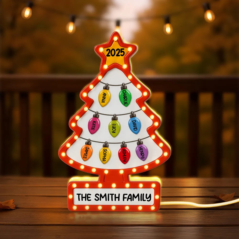Family Christmas Tree Acrylic Light Box – Personalized Holiday Gift, Festive Home Decoration