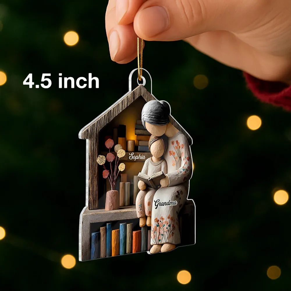 Acrylic Ornament Personalized for Grandma, Sweet Storytime Scene With Books and Warm Lights, Unique Holiday Keepsake Gift