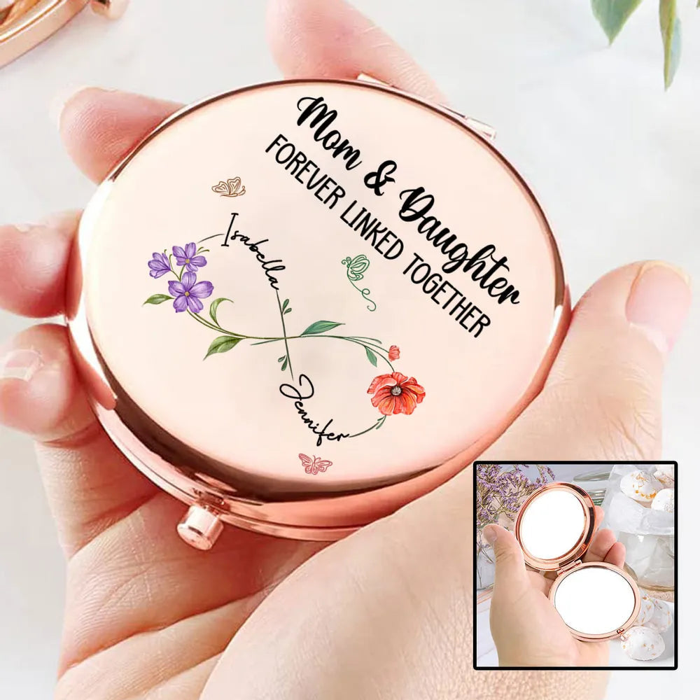 Personalized Metal Compact Mirror Mom & Daughter Forever Linked Together Floral Design - Unique Gift for Mom