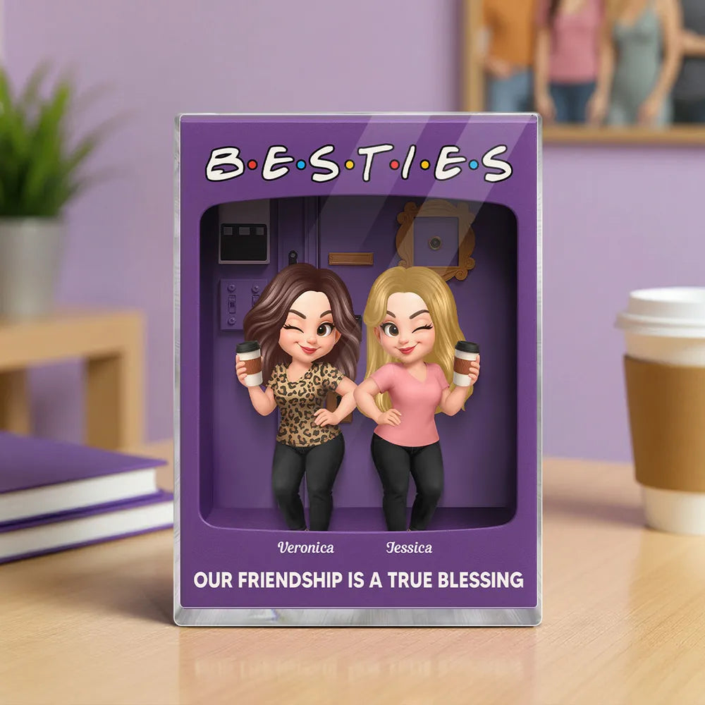 Rectangle Acrylic Block Plaque for Besties — cute characters holding coffee, purple backdrop, perfect friendship gift for birthdays, holidays, and everyday smiles
