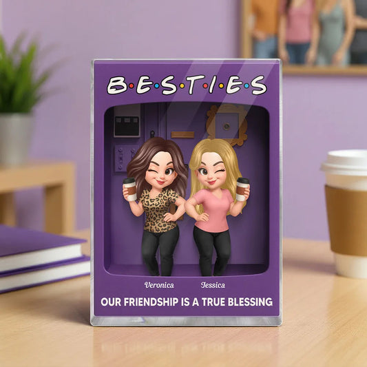 Rectangle Acrylic Block Plaque for Besties — cute characters holding coffee, purple backdrop, perfect friendship gift for birthdays, holidays, and everyday smiles