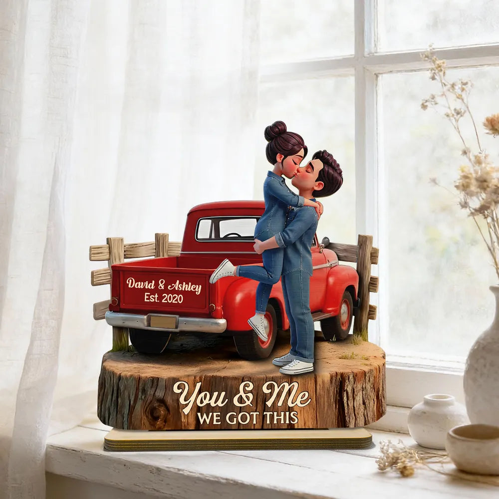 Personalized 2-Layer Wooden Plaque with Kissing Couple in Red Pickup Truck, Farmhouse Decor, Unique Gift for Couples