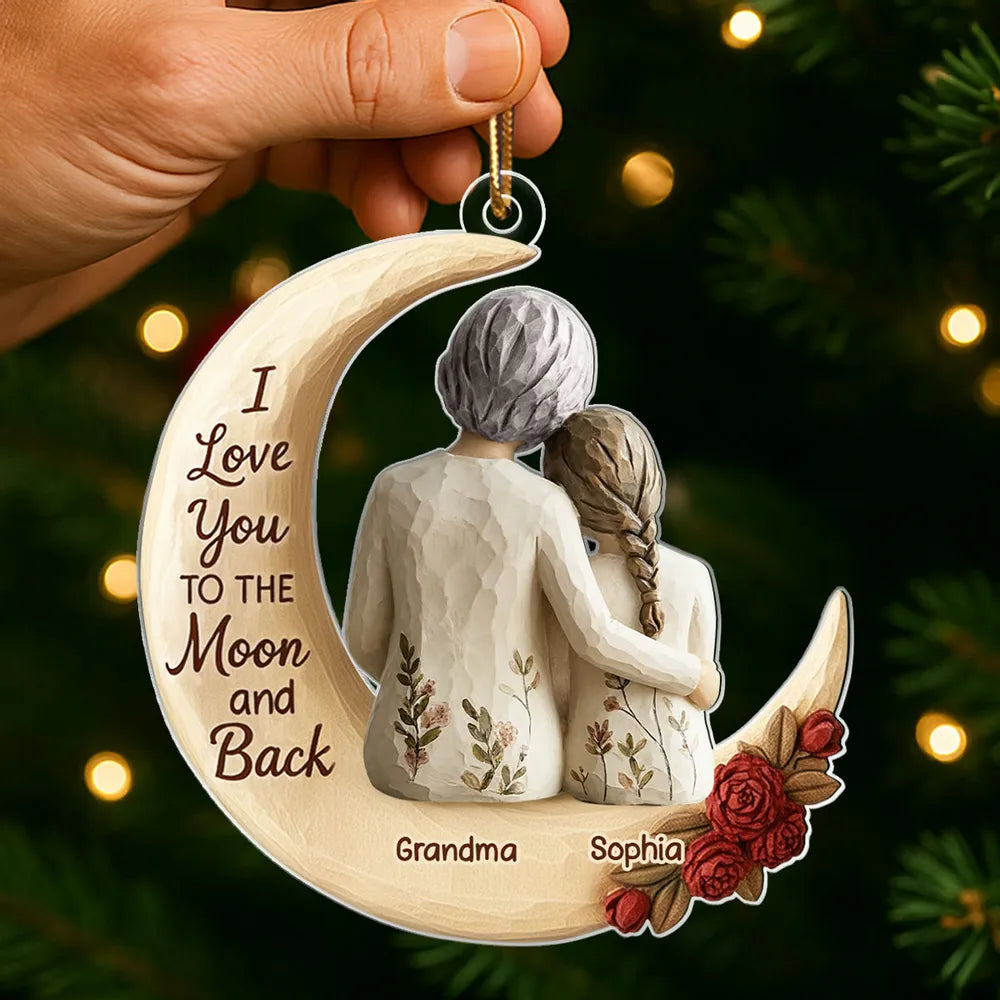Acrylic Ornament with Grandma and Grandkid Moon Hug Heartwarming Holiday Decor Personalized Unique Gift for Grandma