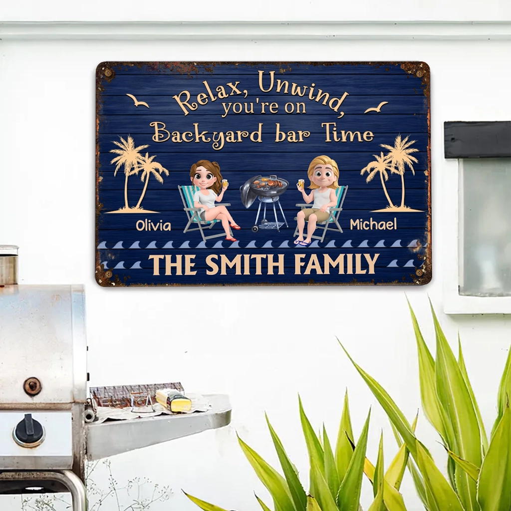 Personalized Patio Time Rectangular Iron Sign with Relax, Unwind Quote, Couple by the Grill, Unique Outdoor Gift