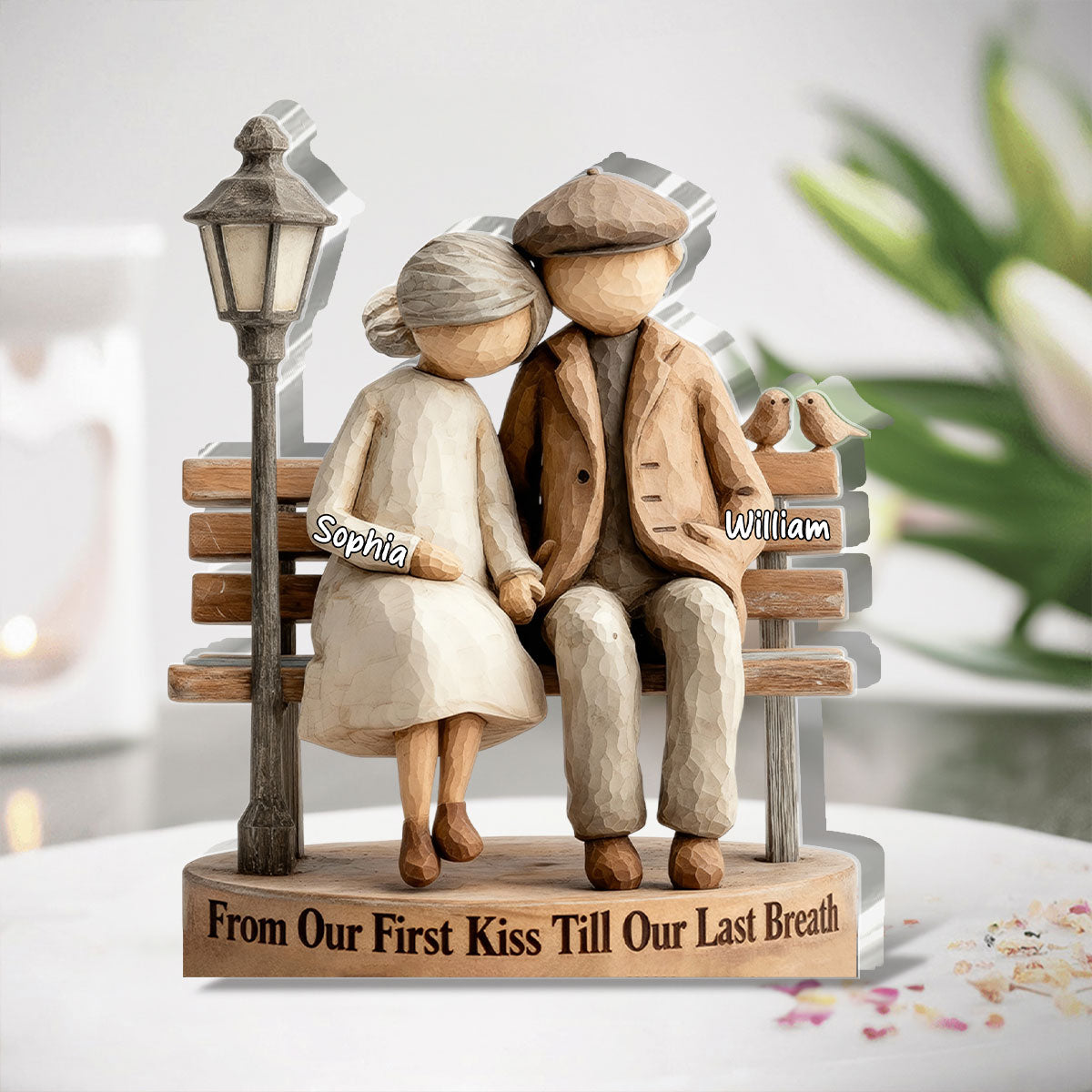 Personalized Shaped Acrylic Block Plaque Couple on Bench, From Our First Kiss Quote, Unique Romantic Gift for Wife or Husband