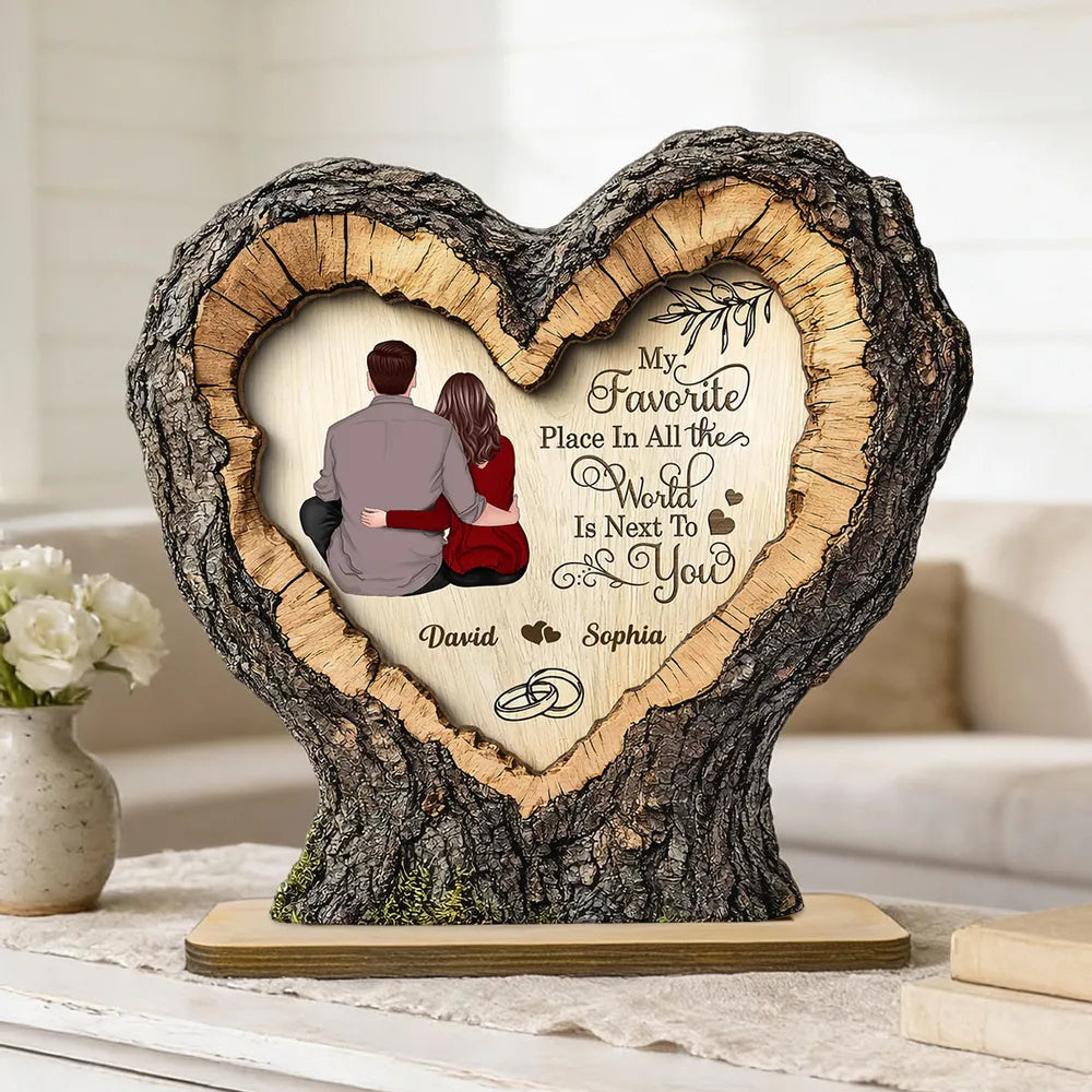 Personalized 2-Layer Wooden Plaque Heart Tree Ring Couple Hugging Unique Gift for Wife or Husband, My Favorite Place Is Next To You