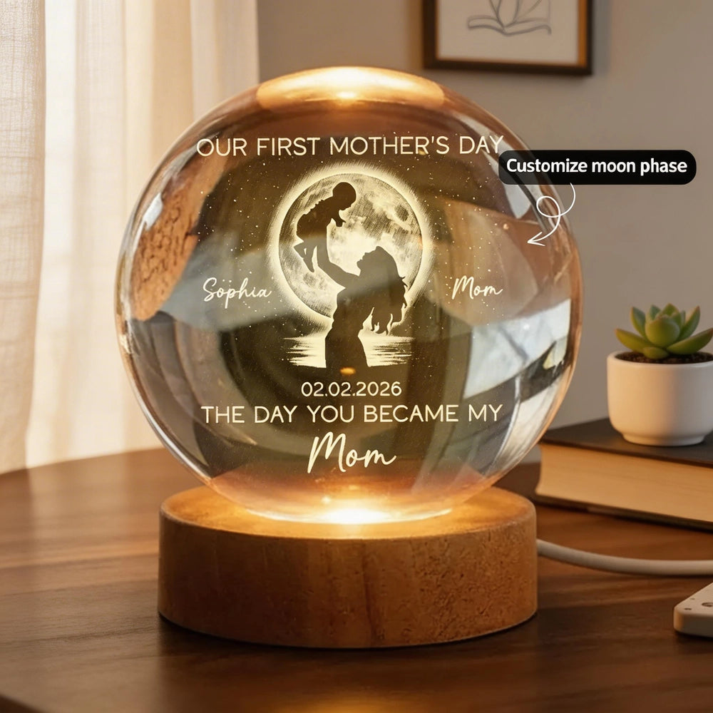 Personalized Globe Lamp with Custom Moon Phase for New Mom, Mother Holding Baby Silhouette, Unique First Mother's Day Gift