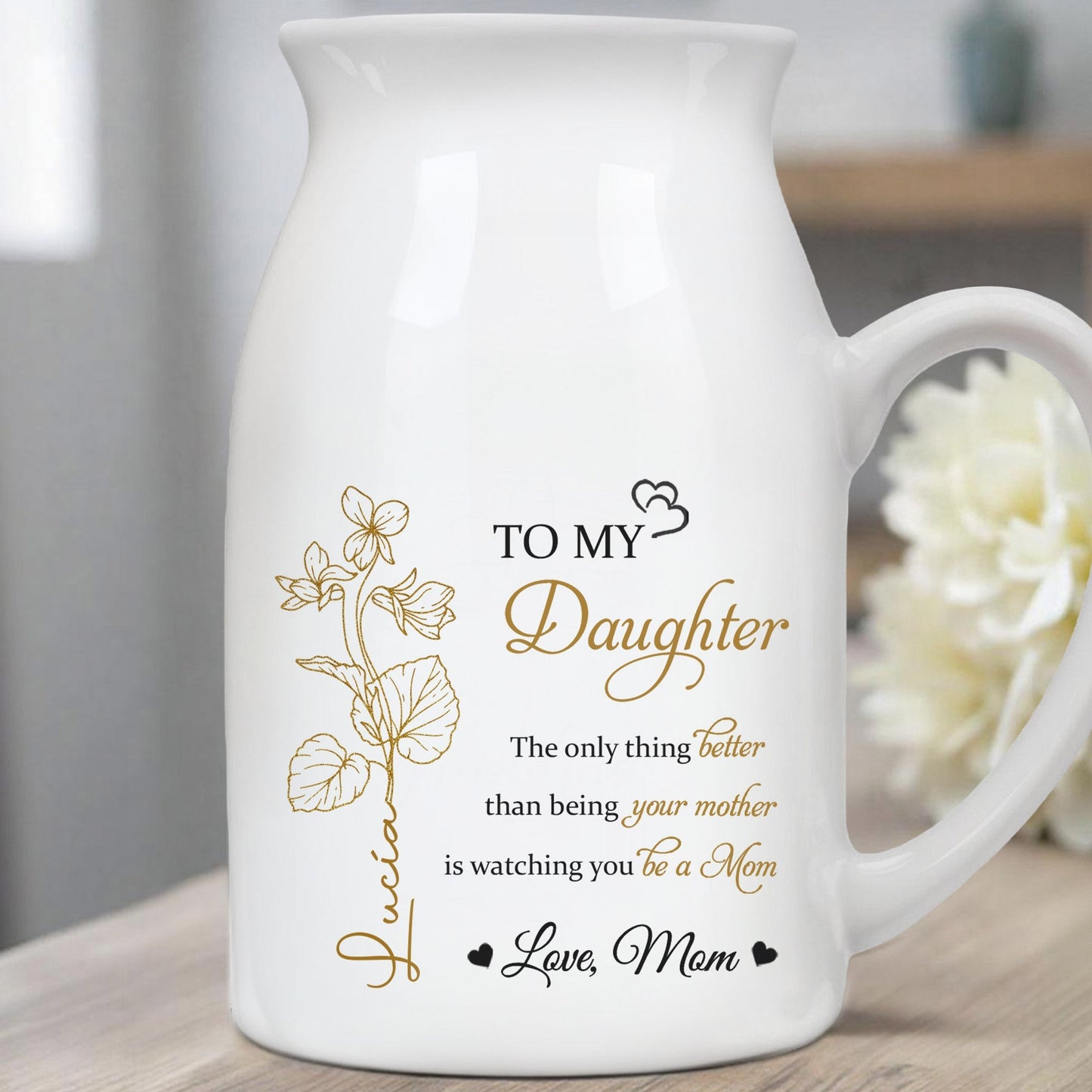 Personalized Handled Vase & Ceramic Mug - Heartfelt Gift for Daughter from Mom – Elegant Keepsake for Mother's Day & Special Occasions