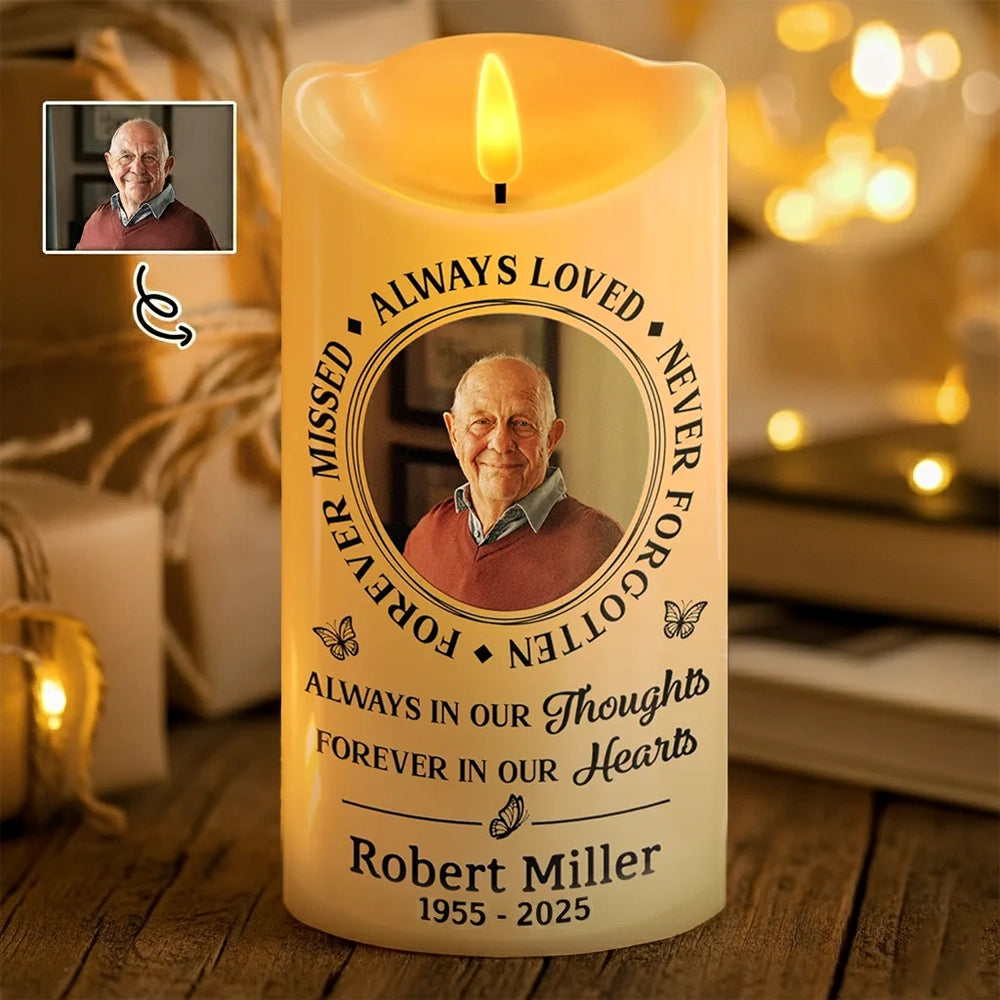 Personalized Photo Flameless LED Memorial Candle | Custom Name & Dates, Choose Your Quote | A Warm, Everlasting Sympathy Gift