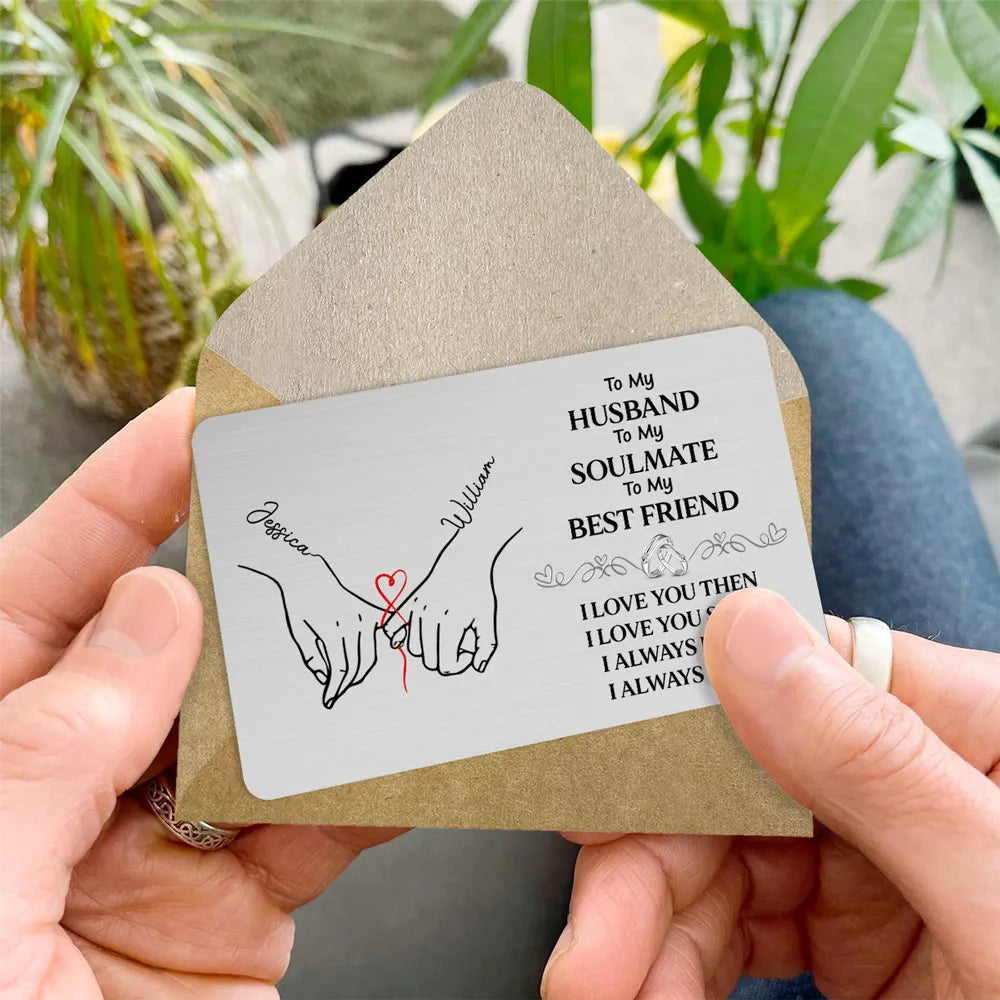 Personalized Metal Wallet Card for Husband, Holding Hands Love Message, Unique Romantic Gift He Carries Every Day