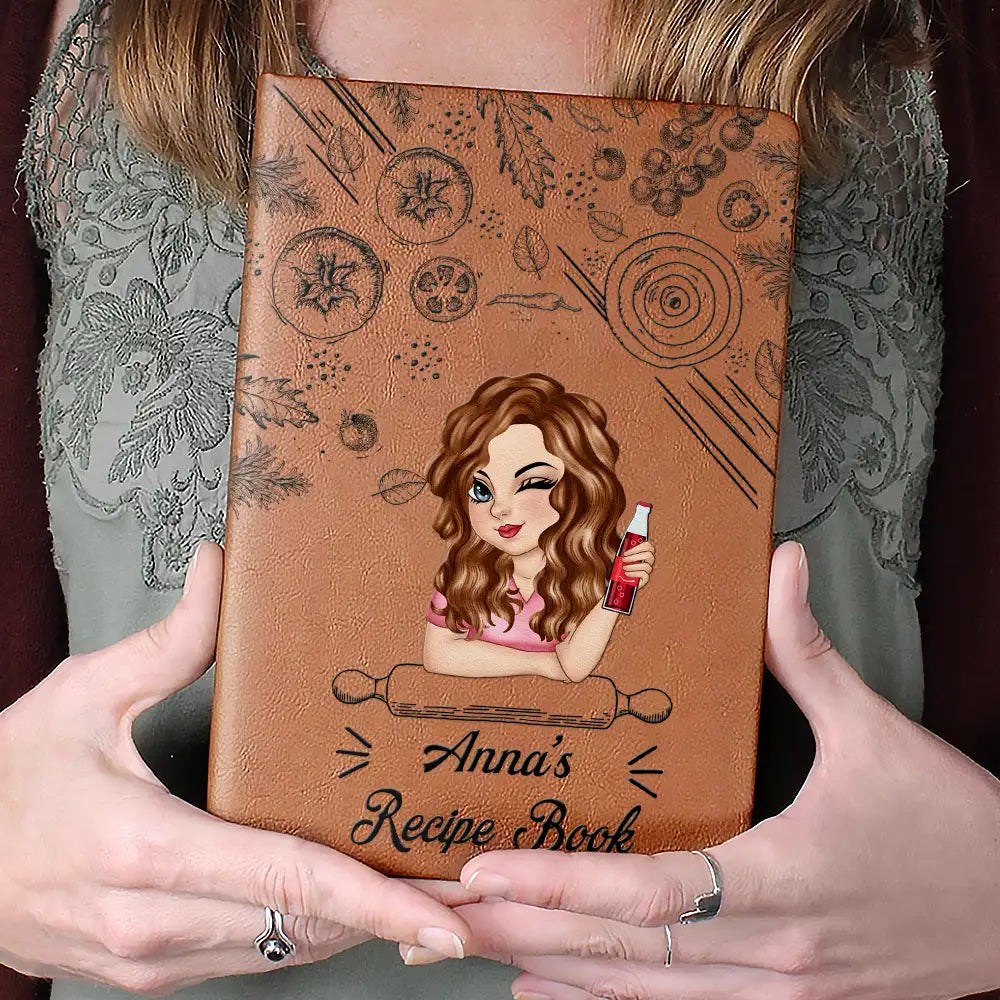 Personalized Leather Recipe Book with Custom Name, Cute Illustrated Cooking Journal Gift for Mom or Home Chef