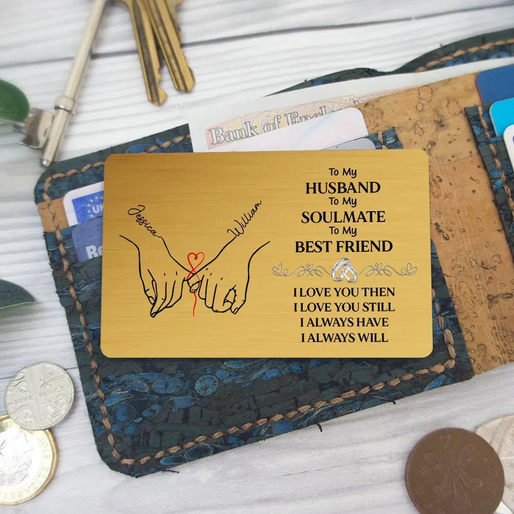 Personalized Metal Wallet Card for Husband, Holding Hands Love Message, Unique Romantic Gift He Carries Every Day