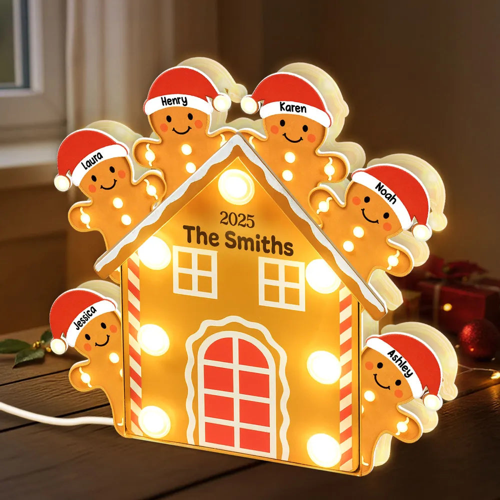 Custom Family Acrylic Light Box Lamp with Gingerbread House and Warm Glow, Festive Bedroom Light and Heartfelt Christmas Gift