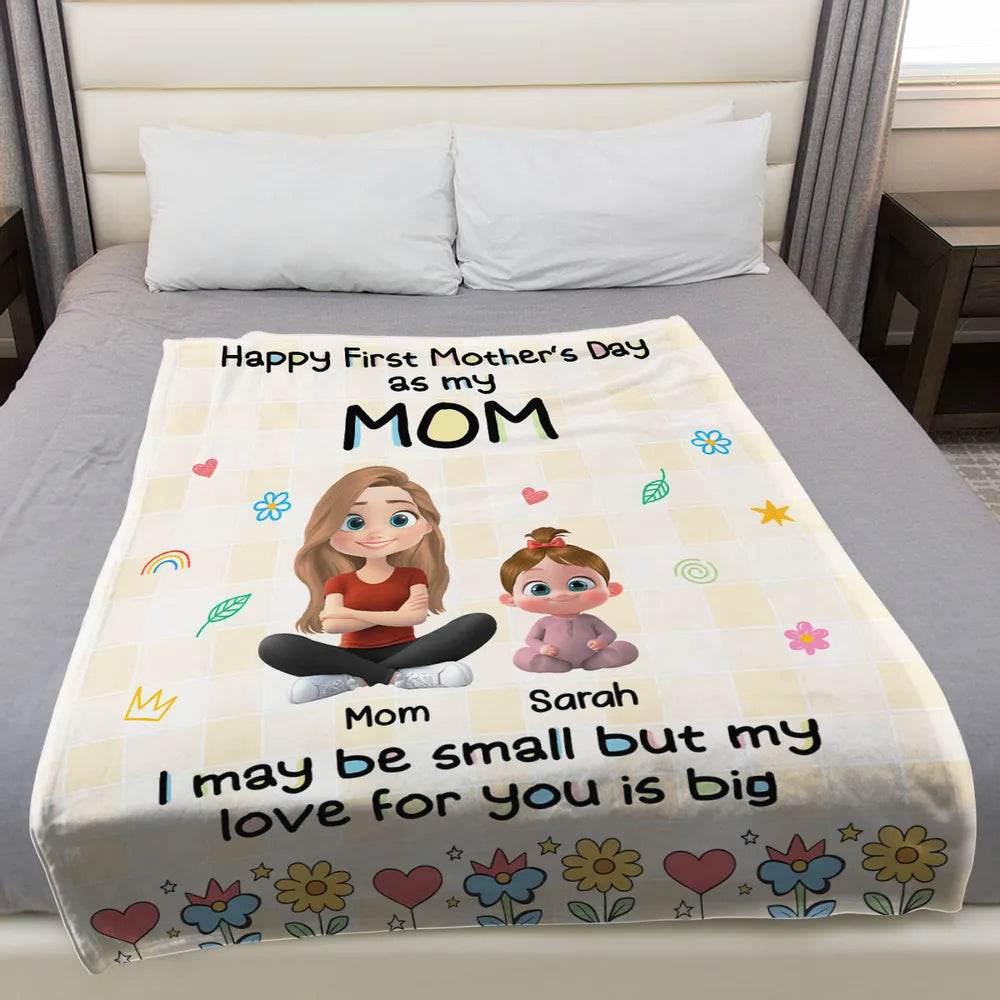 Happy First Mother's Day Personalized Fleece Blanket, Sweet Mom and Baby Illustration, Cozy Keepsake Gift for New Moms