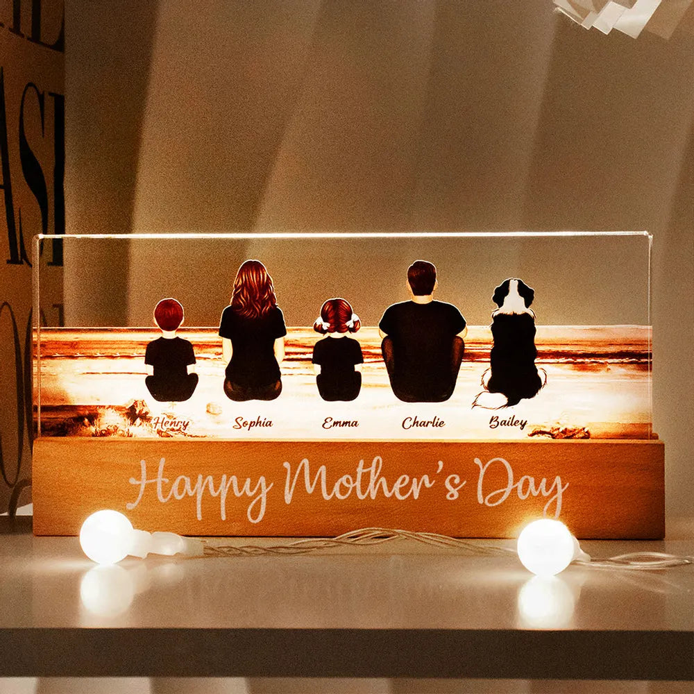 Family Sitting Back View Retro Vintage Beach Landscape Block LED Light Plaque, Mother's Day Gift Featuring Children and Pets