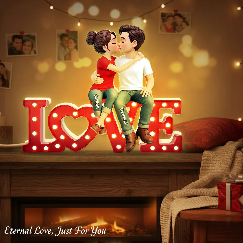 Personalized Acrylic Light Box with Kissing Couple on LOVE Sign, Warm Glow Bedroom Decor, Unique Gift for Him or Her