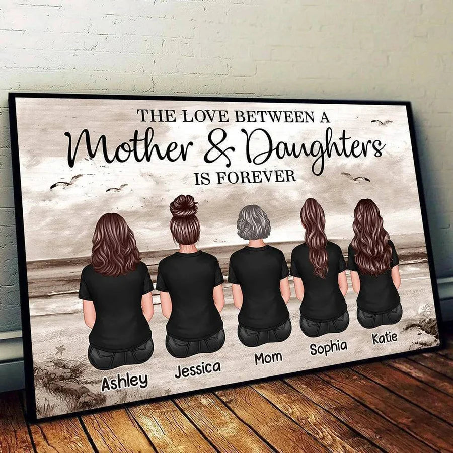 Mother & Daughters Beach Back View – Personalized Poster, Sentimental Decor for Valentine's Day or Mother's Day