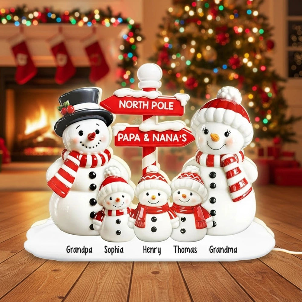 Personalized Acrylic Light Box with Snowman Family, North Pole Sign & Soft Warm Glow – Cute Christmas Decor & Unique Gift for Grandparents