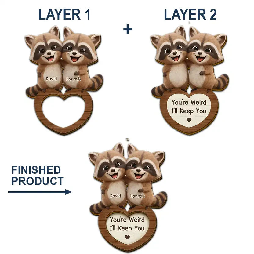 Personalized 2-Layer Wooden Car Visor Clip Cute Raccoon Couple Hugging, Funny You're Weird I'll Keep You, Unique Gift