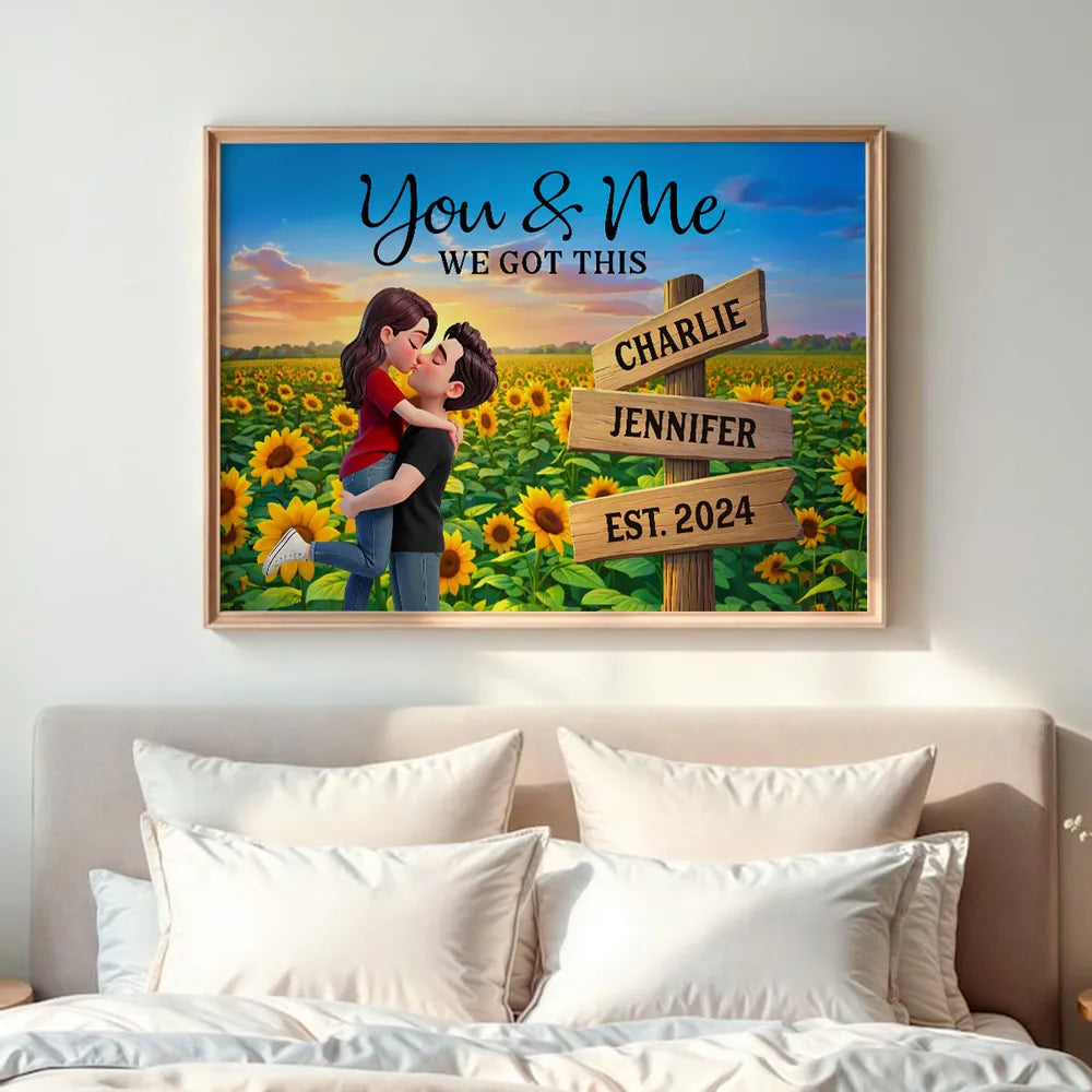 Romantic Personalized Poster for Couples, Hugging Kiss at Sunset Sunflower Field, Sweet Wall Art Gift for Her or Him