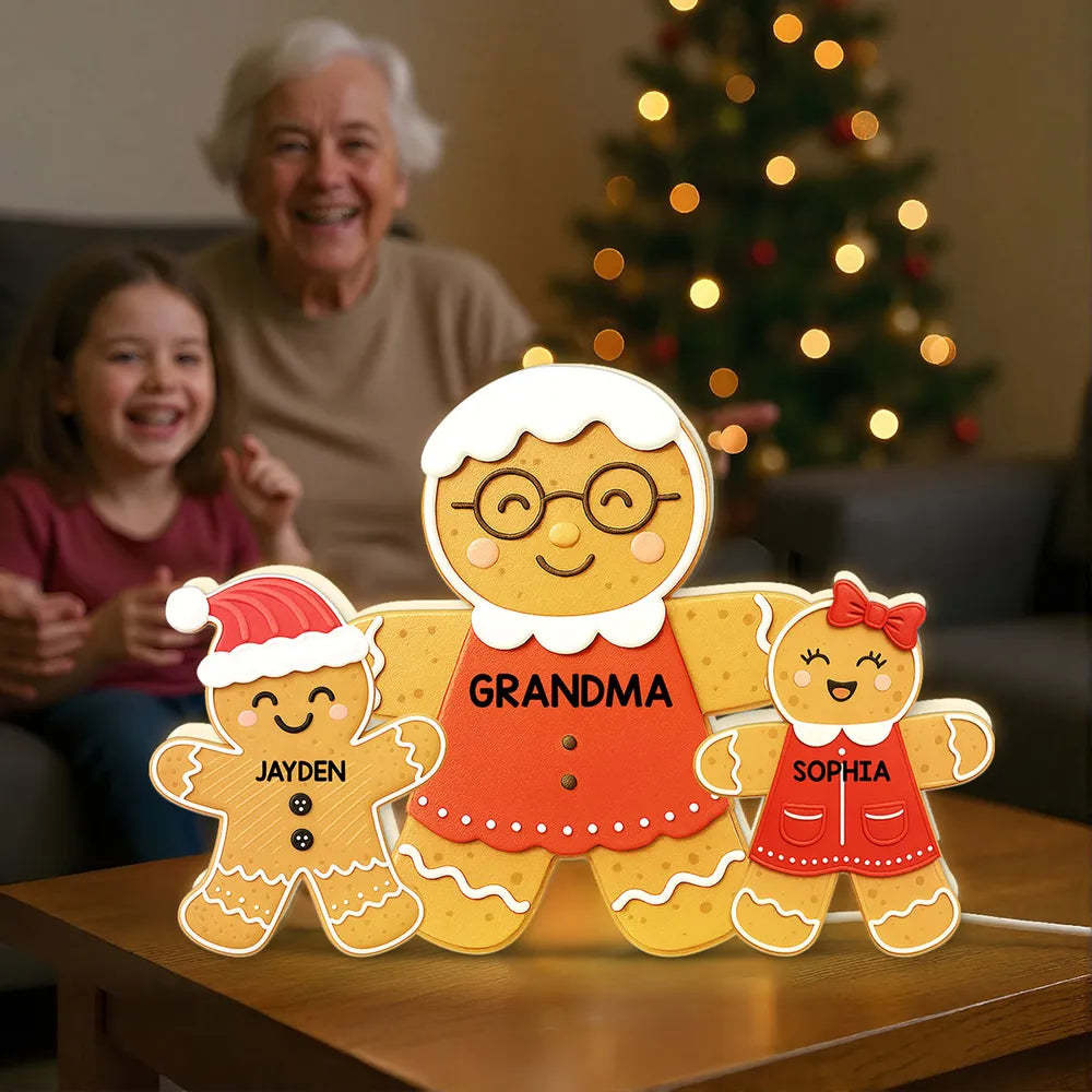Acrylic Light Box - Gingerbread Grandma & Grandkids, Custom, Christmas Decor, Warm Glow Keepsake, Unique Gift for Grandma