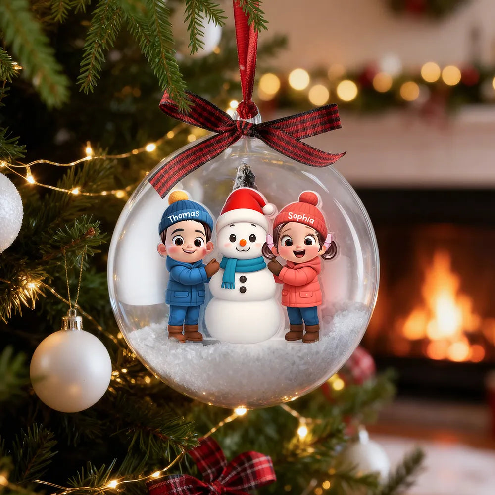 Snow Globe Ornament - Cute 3D Snowman Scene in Clear Acrylic, Easy to Hang, unique gift for Kids & Grandkids