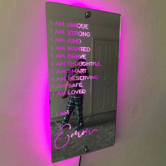 Personalized Affirmations Mirror - Light Colorful - Bedroom Lamp - Custom Text And Name