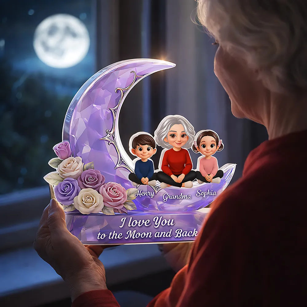 Personalized Shaped Acrylic Block Plaque with Grandma and Grandkids on a Purple Moon, Unique Gift for Grandma, I Love You to the Moon and Back