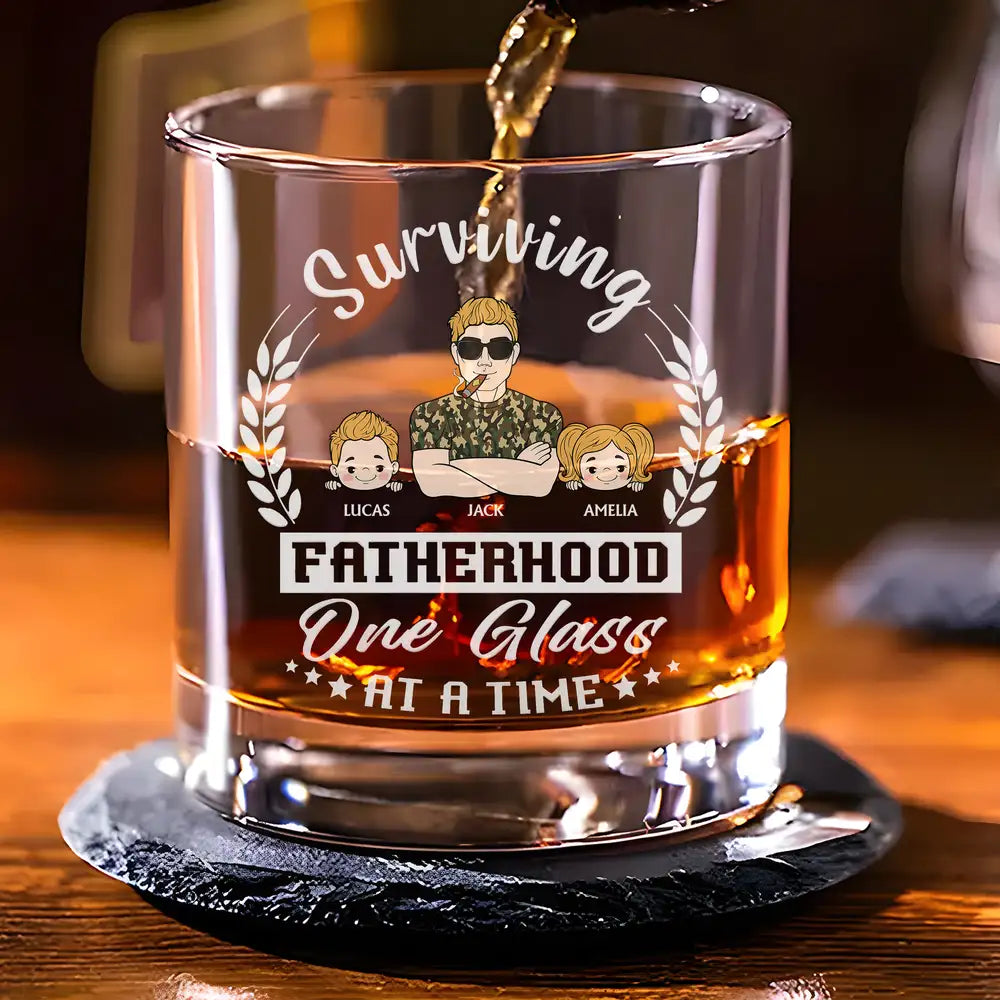 Funny Fatherhood Whiskey Glass with Family Names – Surviving Fatherhood One Glass at a Time, Ideal Father’s Day Gift
