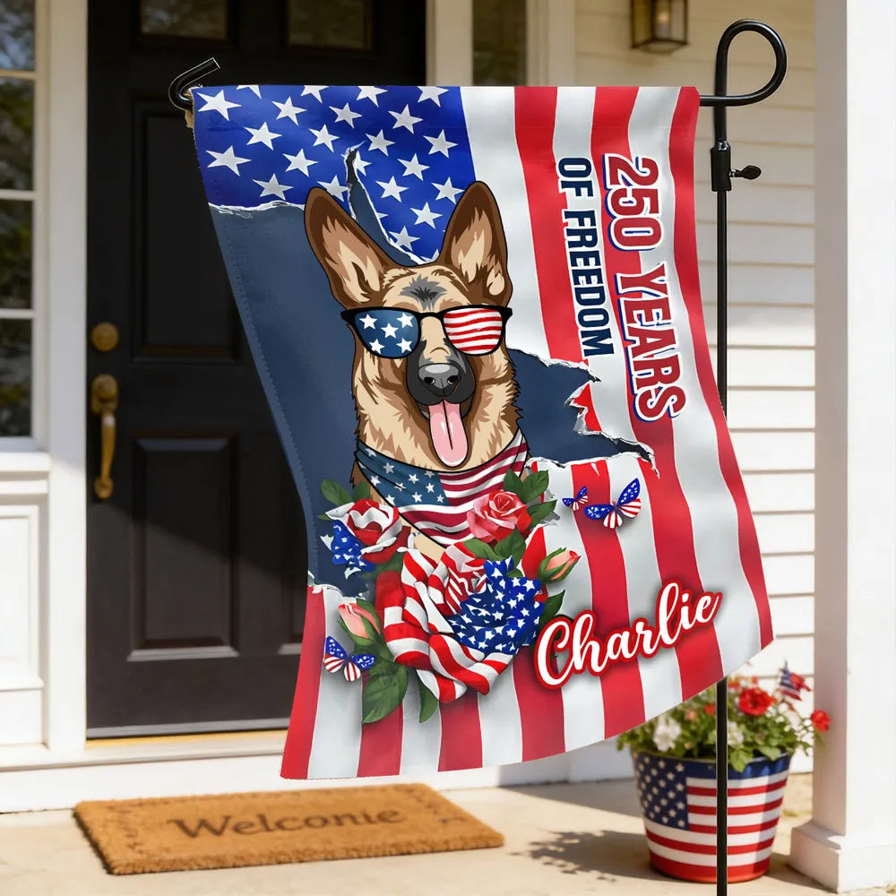 Personalized Patriotic Dog Garden Flag, 250 Years of Freedom Yard Decor, Unique Gift for Dog Lovers