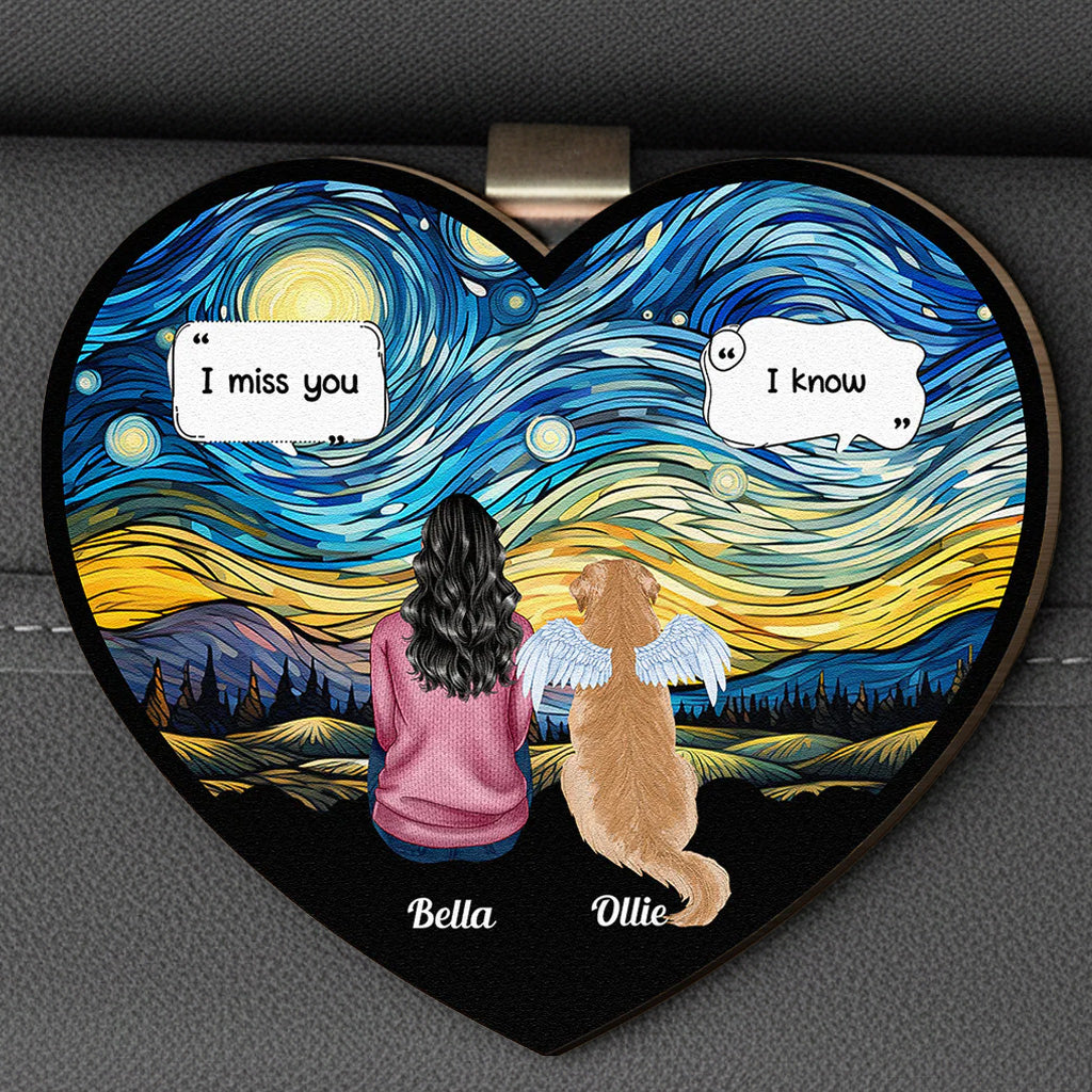 Sentimental Pet Tribute Wooden Car Visor Clip, Angel Wings Dog Design Under a Starry Sky - Personalized Unique Gift