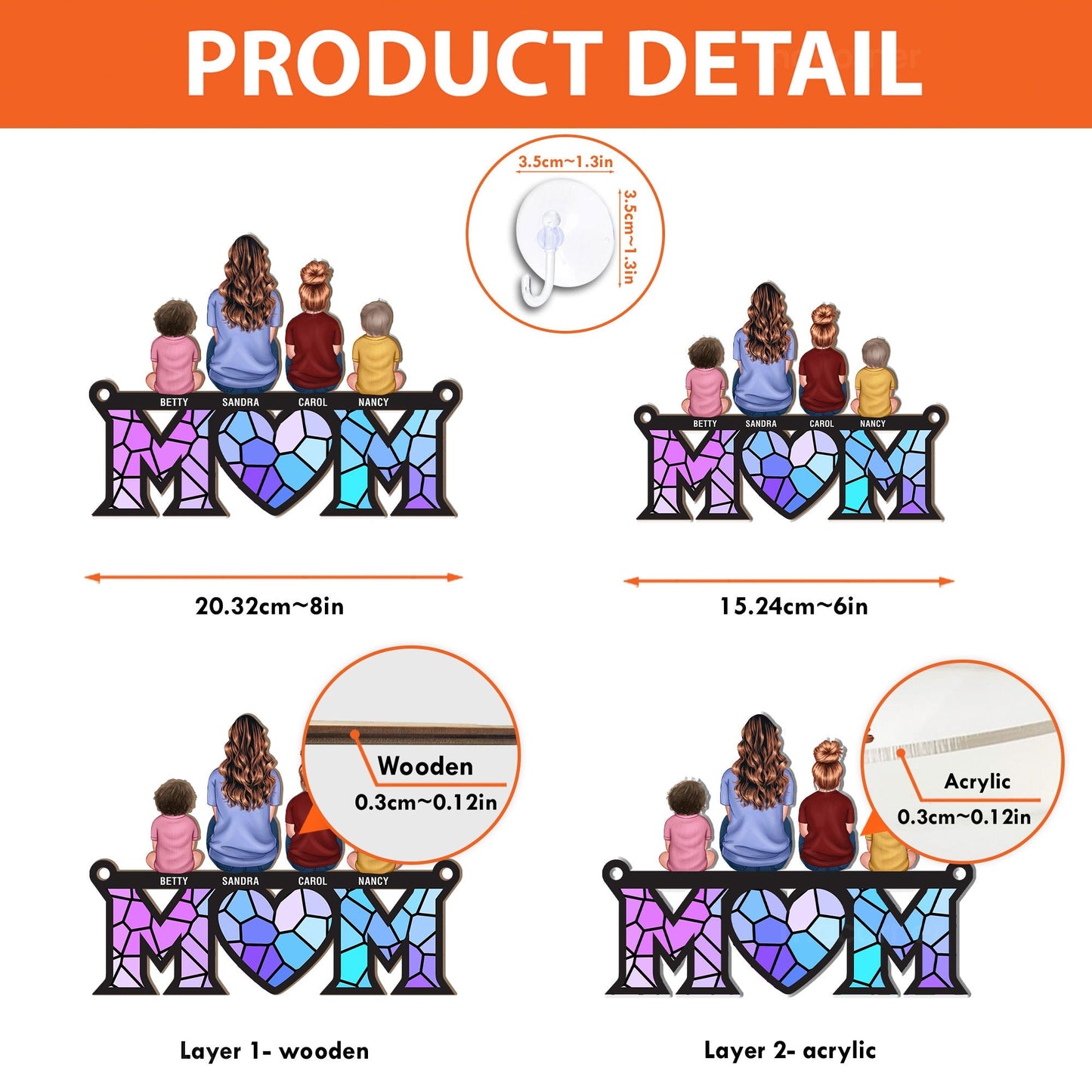 Wood and Acrylic Layered Ornament with Mom and Children Back View, High Clarity, Heartwarming Gift for Family