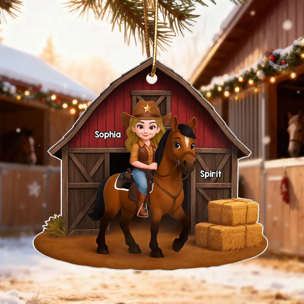 Acrylic Ornament, Cowgirl Riding Horse at Red Barn, Custom Farm Scene, a unique gift for Horse Lovers & Kids