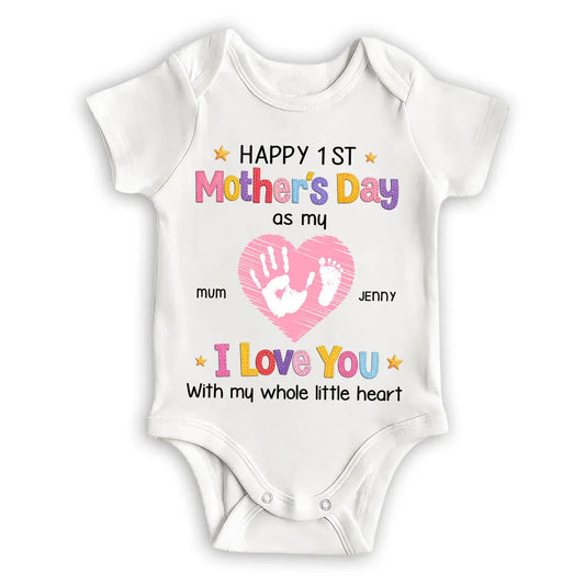 Short Sleeve Baby Onesie for Baby's First Mother's Day, Personalized Handprint Heart I Love You Design, Sweet Gift