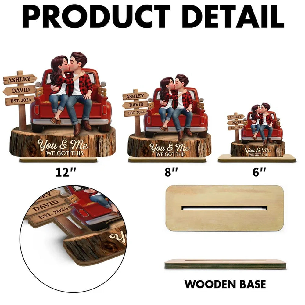 2-Layer Wooden Plaque Personalized Couple Keepsake, Cozy Red Truck Kissing Scene for Living Room Display, Heartfelt Gift