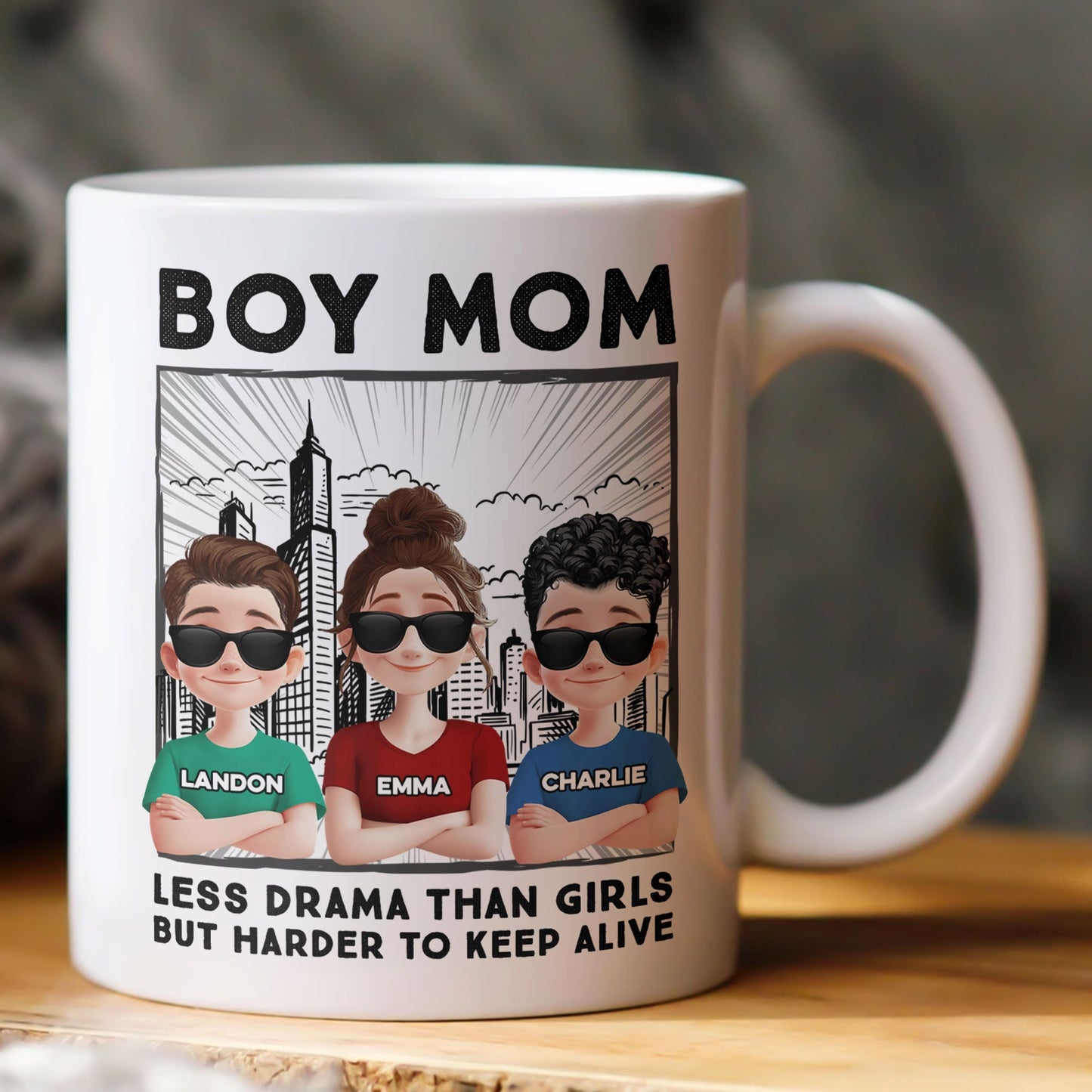 Boy Mom Mug - Less Drama Than Girls But Harder to Keep Alive - Perfect Gift for Moms of Boys, Mother's Day Gift, Personalized with Your Kids' Names, White Ceramic Mug