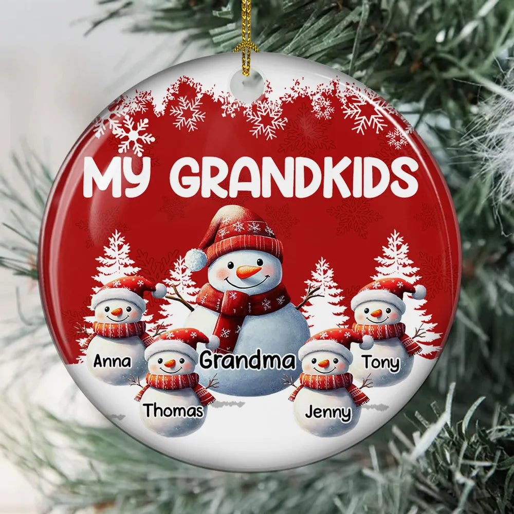 Ceramic Ornament, Cute Snowman Family Grandkids Theme, Easy to Personalize, Holiday Tree Charm, Creative Gift for Grandma