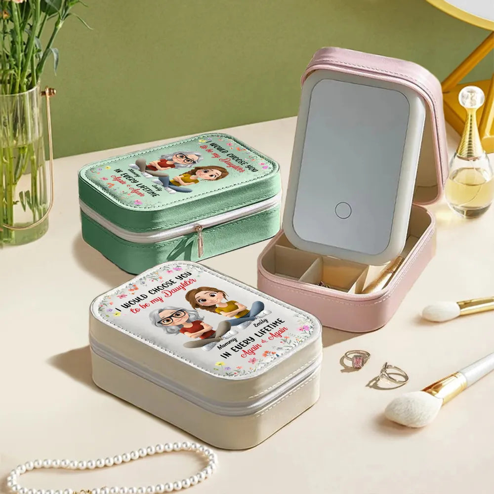 Custom LED Makeup Case with Cartoon Mother and Daughter, Sentimental Travel Makeup Case, Heartfelt Personalized Gift