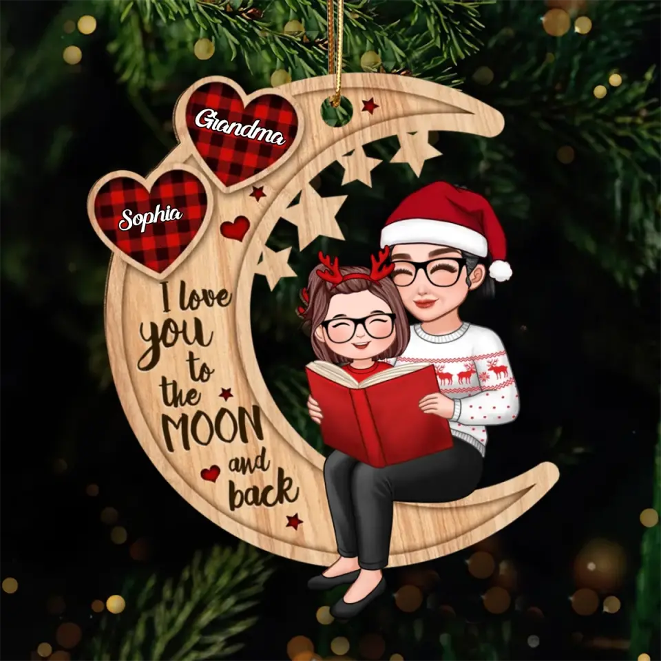 Wooden Ornament Grandma & Grandkid on Crescent Moon, I Love You to the Moon & Back - Xmas Decor, unique gift for Grandkids
