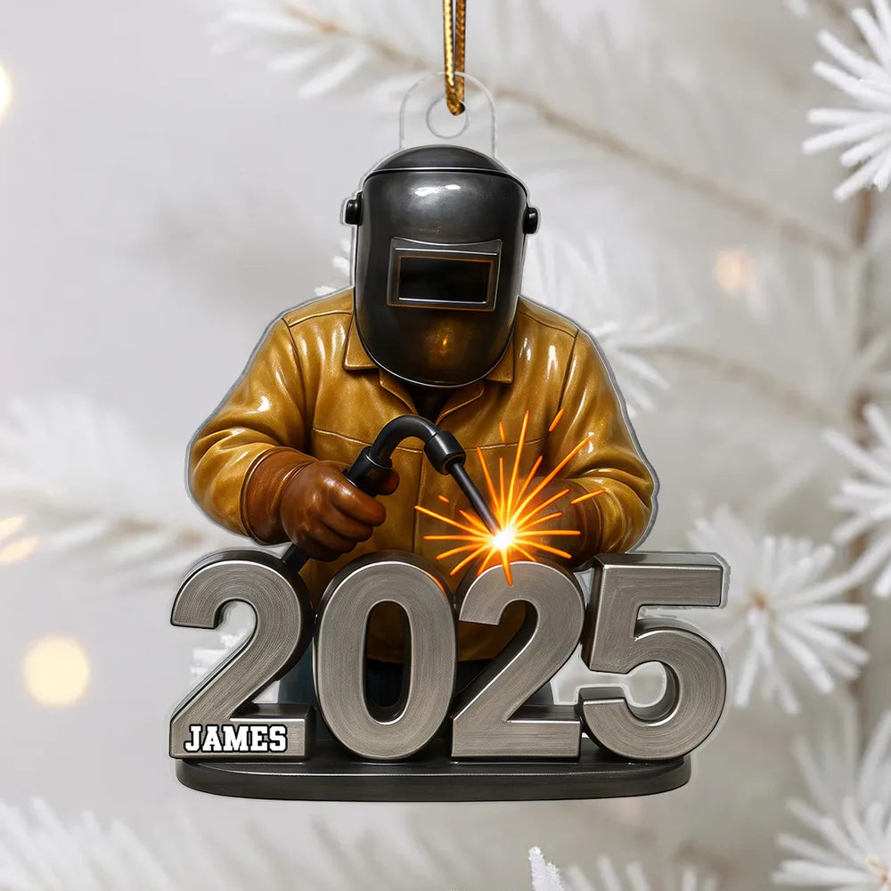Welder Ornament with Helmet & Torch, Holiday Tree Decor with Bright Sparks, a unique gift for Metalworkers & Mechanics
