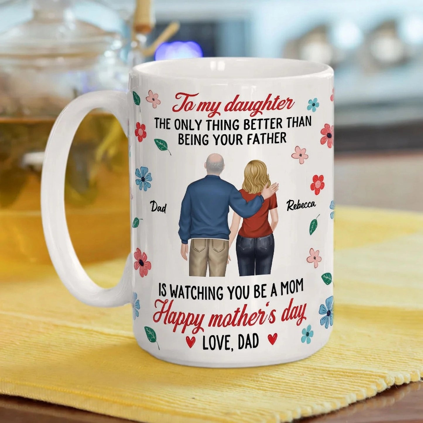 Personalized White Ceramic Mug for Dad to Daughter, Back-Hug Illustration & Happy Mother's Day Message, Unique Gift