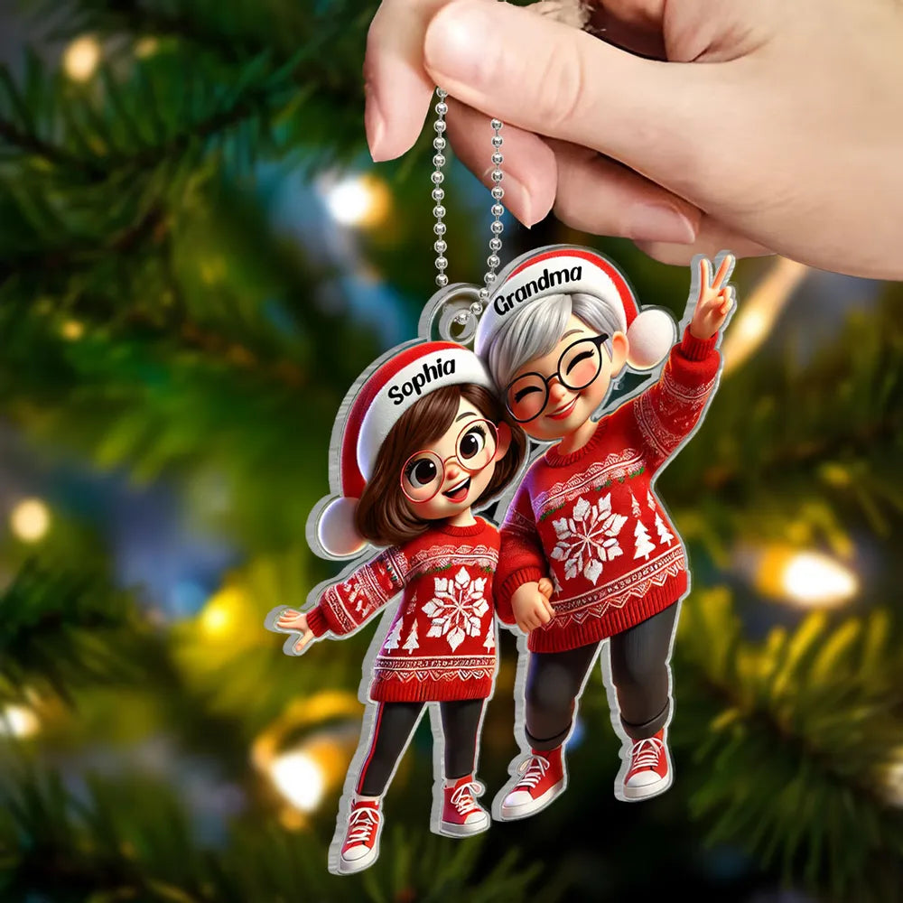 Festive Acrylic Ornament – Grandma & Me, Peace-Sign Pose, Personalized Holiday Gift