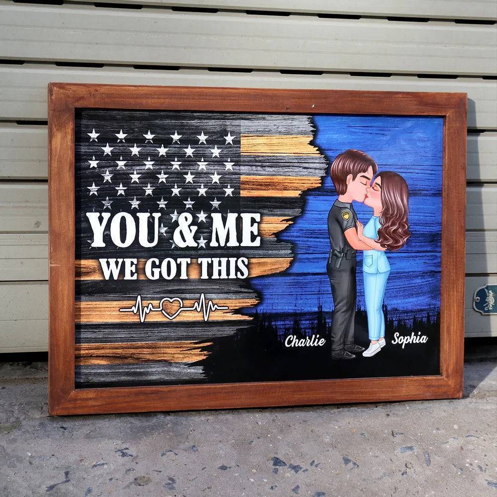 Hero Couple Kissing Half Flag Gifts by Occupation Firefighter, Nurse, Police Officer - Personalized Horizontal Poster or Canvas or Plaque or Pillow or Wallet or Wallet Card or Cap or Cup