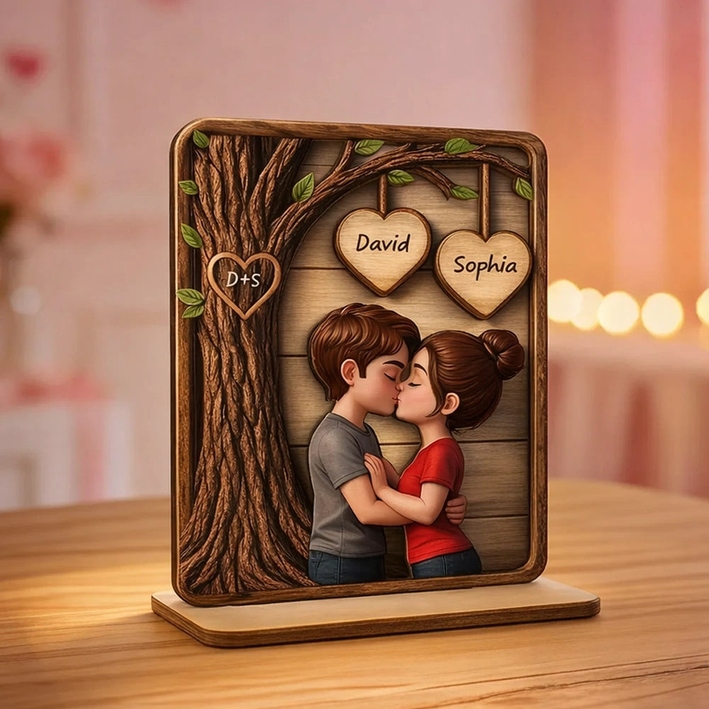 Personalized 2-Layer Wooden Plaque with Kissing Couple Under Tree for Desk or Shelf, Romantic Unique Gift for Her or Him