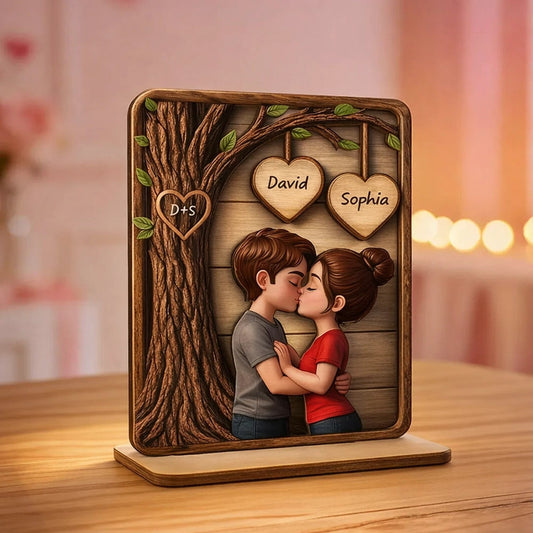 Personalized 2-Layer Wooden Plaque with Kissing Couple Under Tree for Desk or Shelf, Romantic Unique Gift for Her or Him