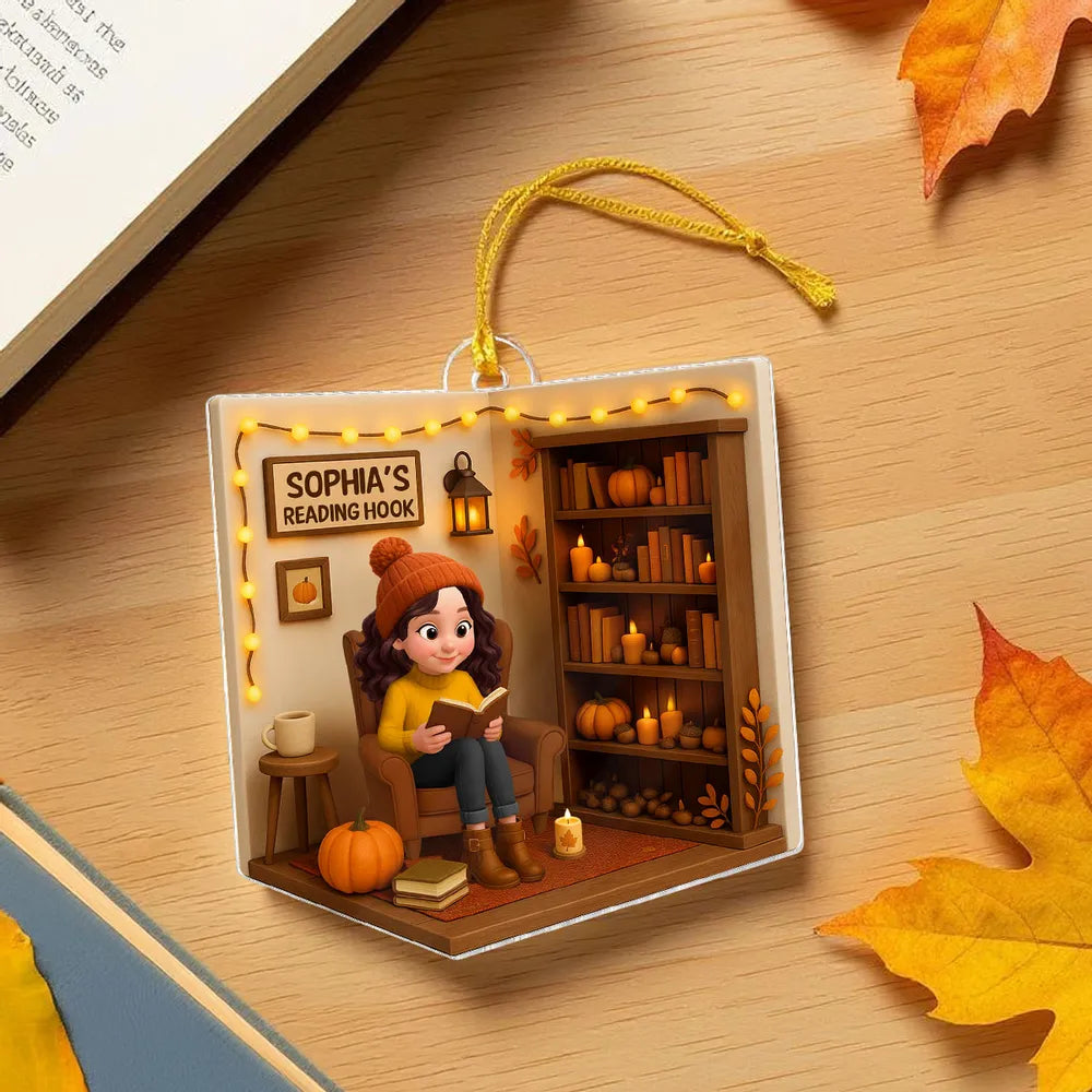 Cozy Autumn Reading Nook Personalized Ornament, Gift for Book Lovers, Creative Fall Gift for Her